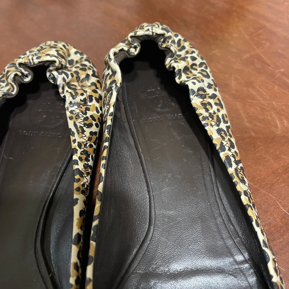 Tory Burch Minnie Leopard Patent Cross Grain Saffiano Leather Reva Ballet Flats